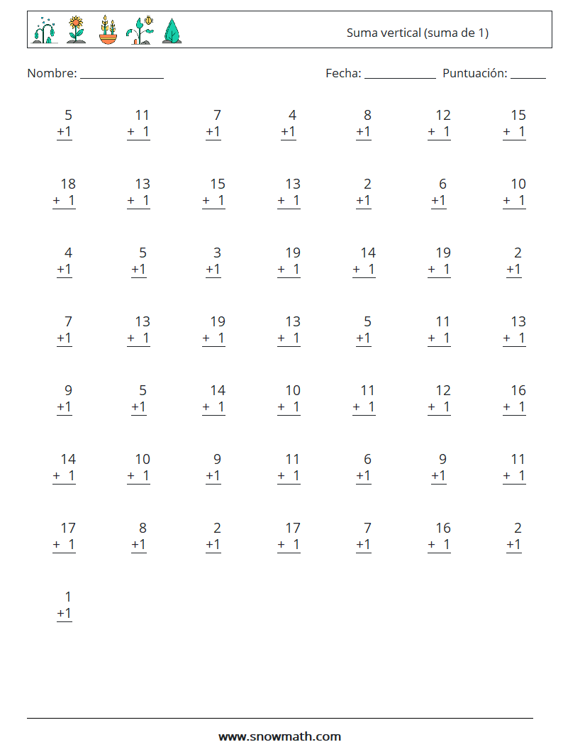 (50) Suma vertical (suma de 1) Hojas de trabajo de matemáticas 9