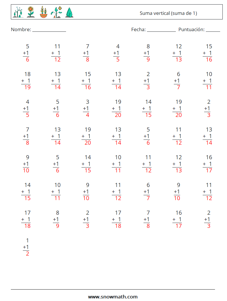 (50) Suma vertical (suma de 1) Hojas de trabajo de matemáticas 9 Pregunta, respuesta