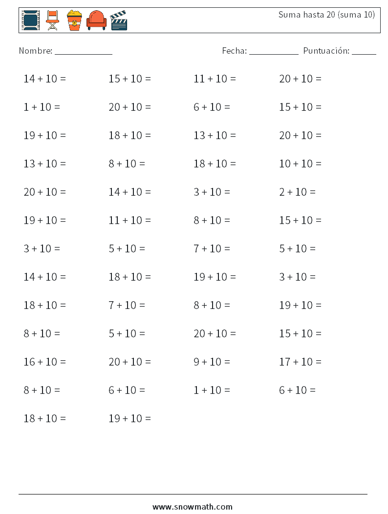 (50) Suma hasta 20 (suma 10) Hojas de trabajo de matemáticas 1