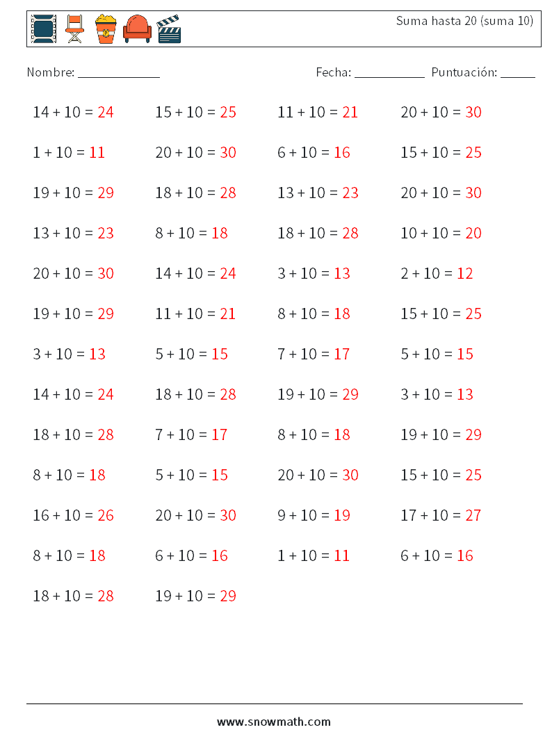 (50) Suma hasta 20 (suma 10) Hojas de trabajo de matemáticas 1 Pregunta, respuesta