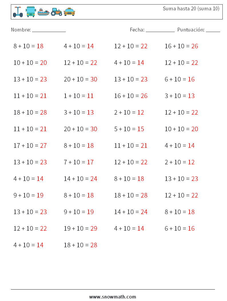 (50) Suma hasta 20 (suma 10) Hojas de trabajo de matemáticas 2 Pregunta, respuesta