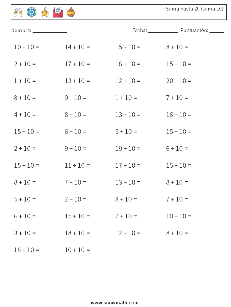 (50) Suma hasta 20 (suma 10) Hojas de trabajo de matemáticas 3