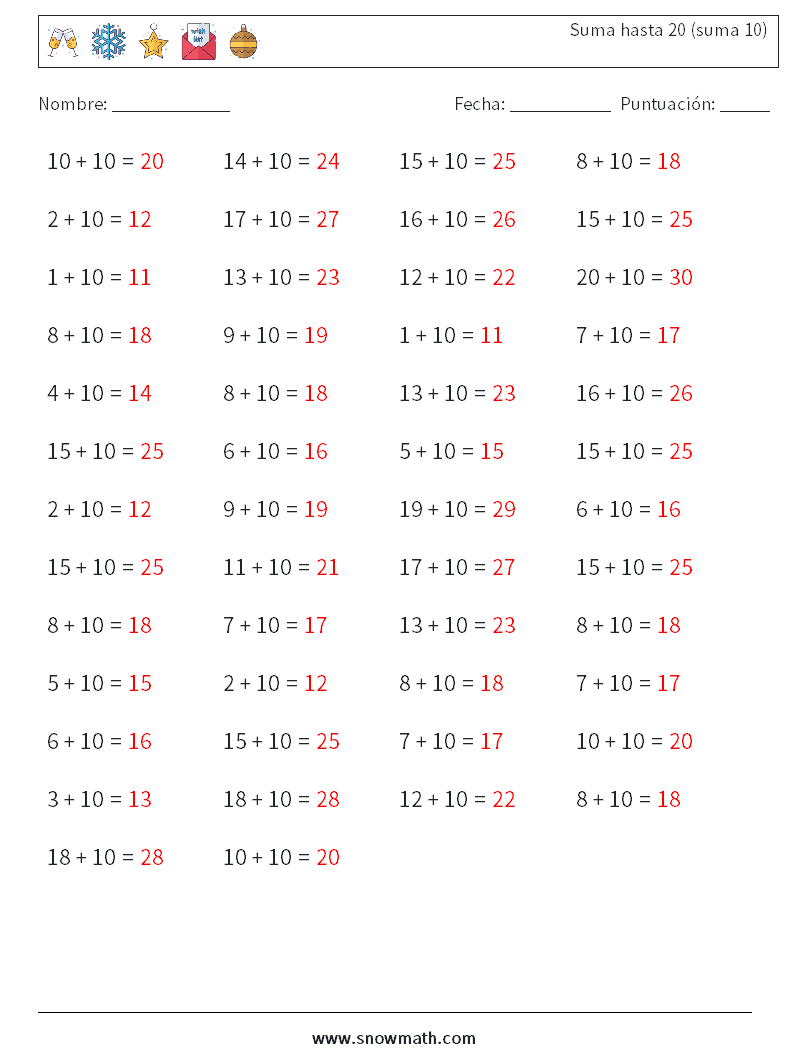 (50) Suma hasta 20 (suma 10) Hojas de trabajo de matemáticas 3 Pregunta, respuesta