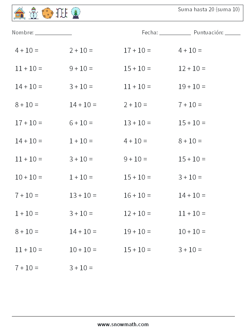 (50) Suma hasta 20 (suma 10) Hojas de trabajo de matemáticas 4