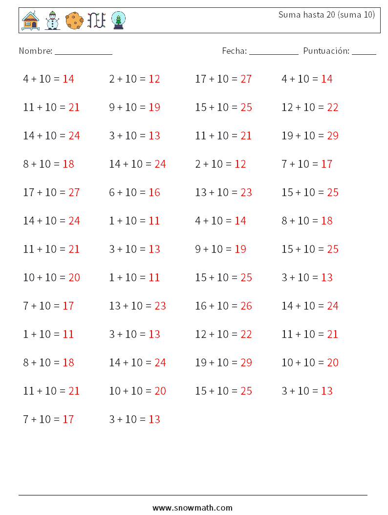 (50) Suma hasta 20 (suma 10) Hojas de trabajo de matemáticas 4 Pregunta, respuesta