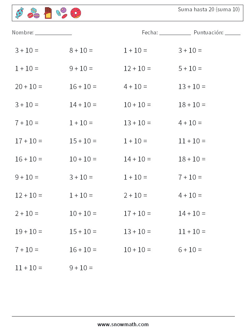 (50) Suma hasta 20 (suma 10) Hojas de trabajo de matemáticas 5