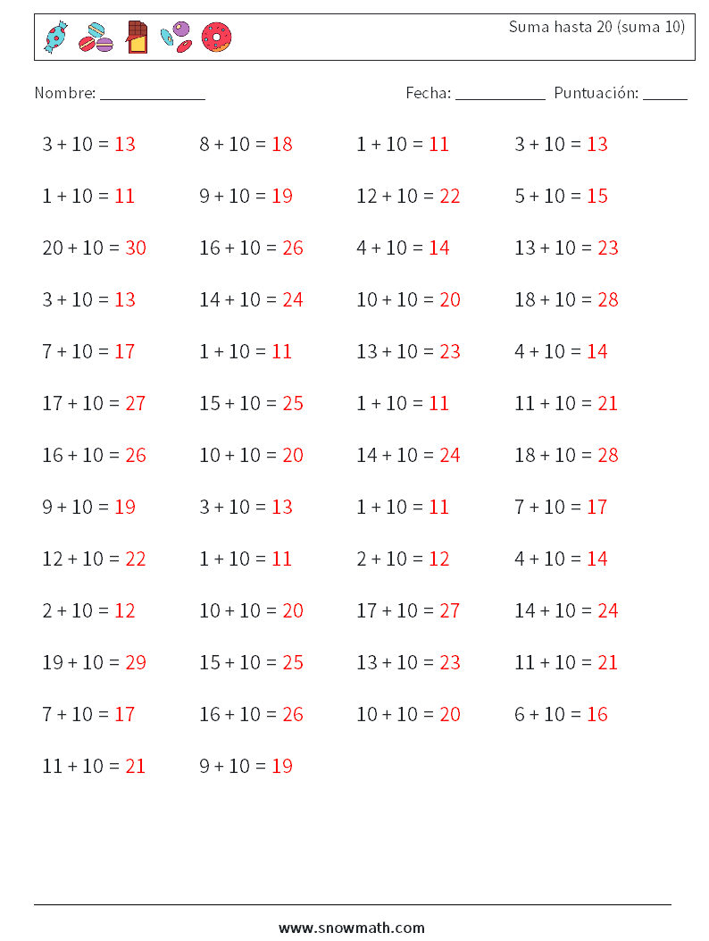 (50) Suma hasta 20 (suma 10) Hojas de trabajo de matemáticas 5 Pregunta, respuesta