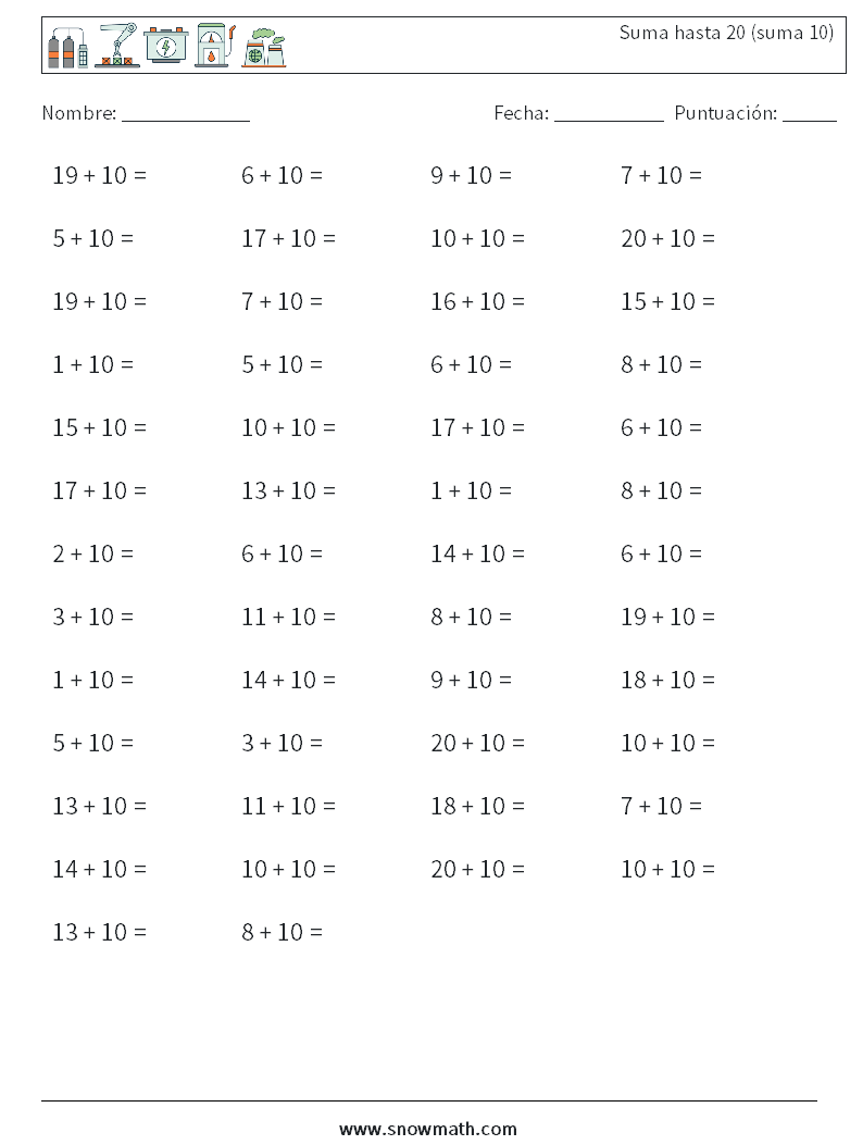 (50) Suma hasta 20 (suma 10) Hojas de trabajo de matemáticas 7