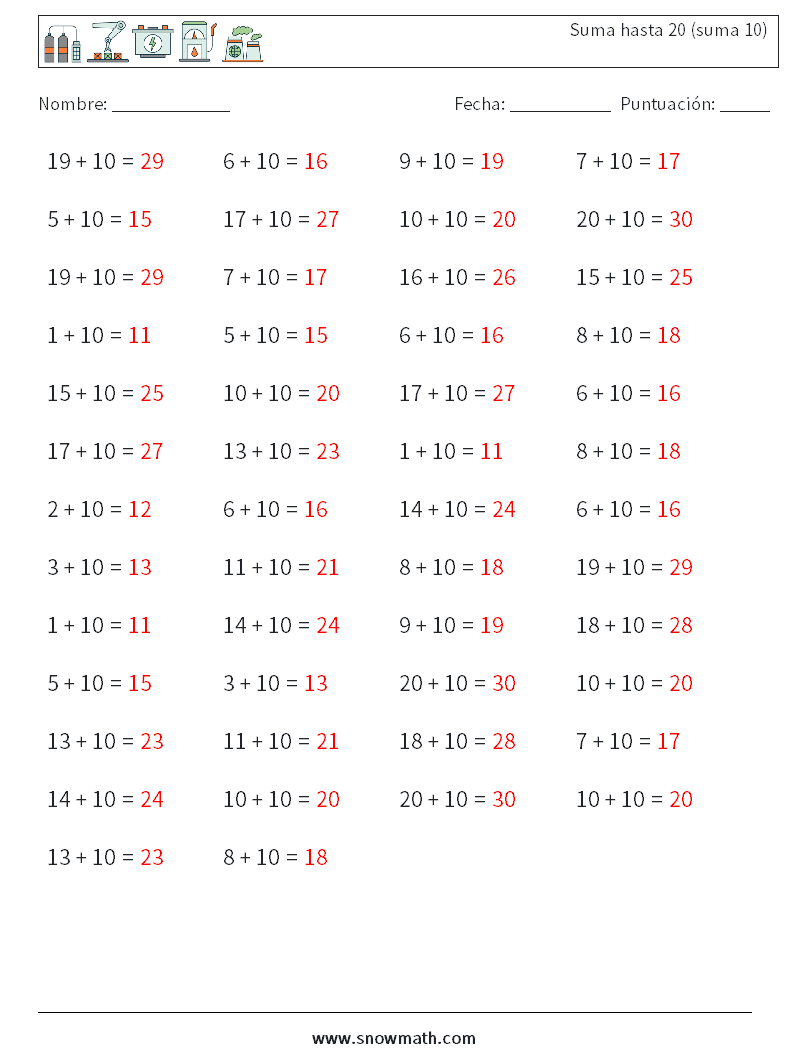 (50) Suma hasta 20 (suma 10) Hojas de trabajo de matemáticas 7 Pregunta, respuesta