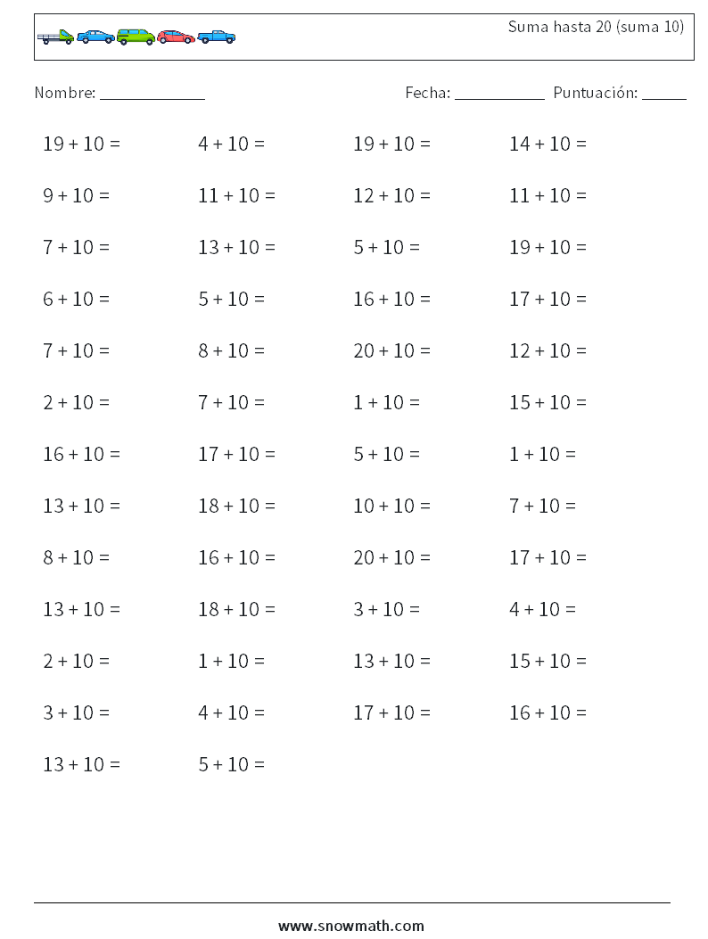 (50) Suma hasta 20 (suma 10) Hojas de trabajo de matemáticas 8