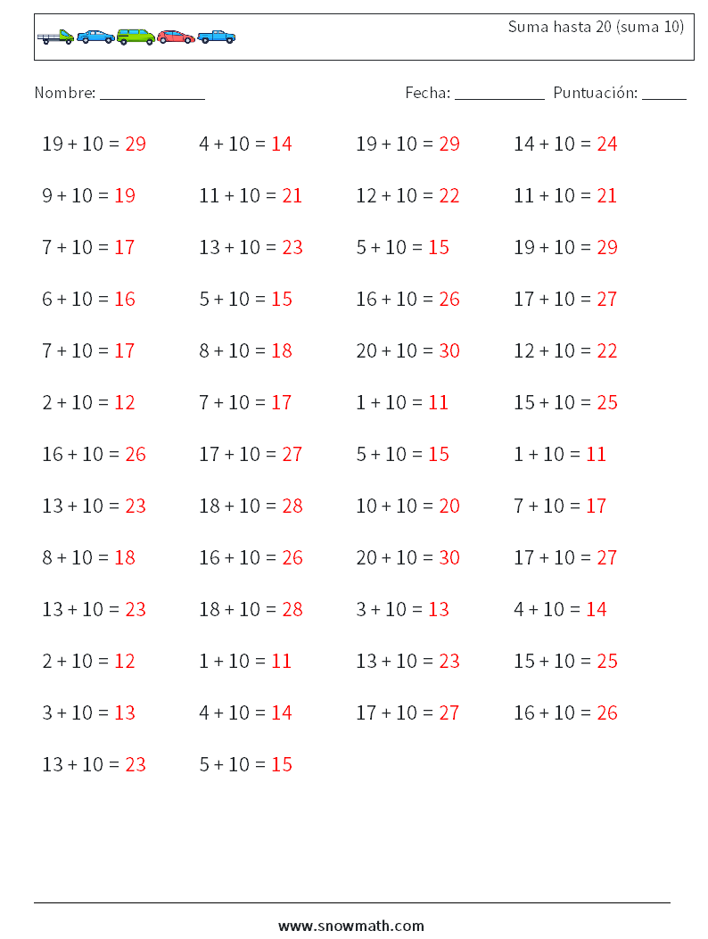 (50) Suma hasta 20 (suma 10) Hojas de trabajo de matemáticas 8 Pregunta, respuesta