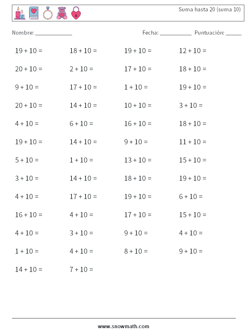 (50) Suma hasta 20 (suma 10) Hojas de trabajo de matemáticas 9