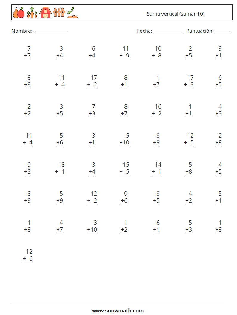 (50) Suma vertical (sumar 10) Hojas de trabajo de matemáticas 1