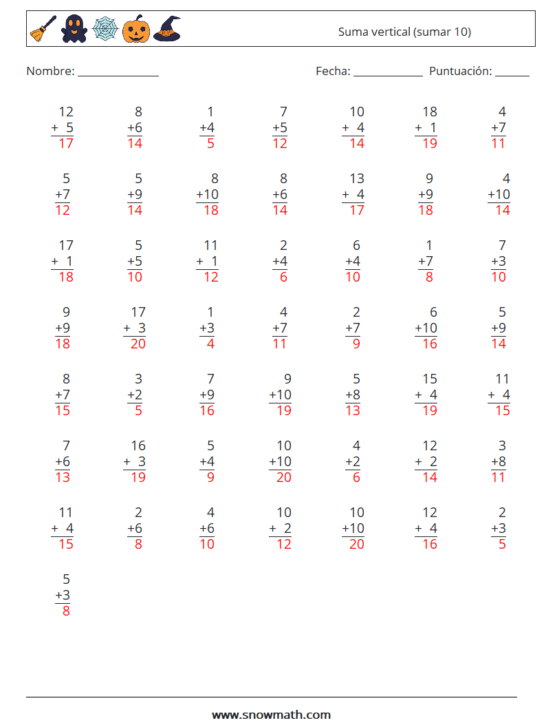 (50) Suma vertical (sumar 10) Hojas de trabajo de matemáticas 10 Pregunta, respuesta