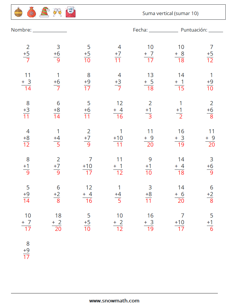 (50) Suma vertical (sumar 10) Hojas de trabajo de matemáticas 11 Pregunta, respuesta