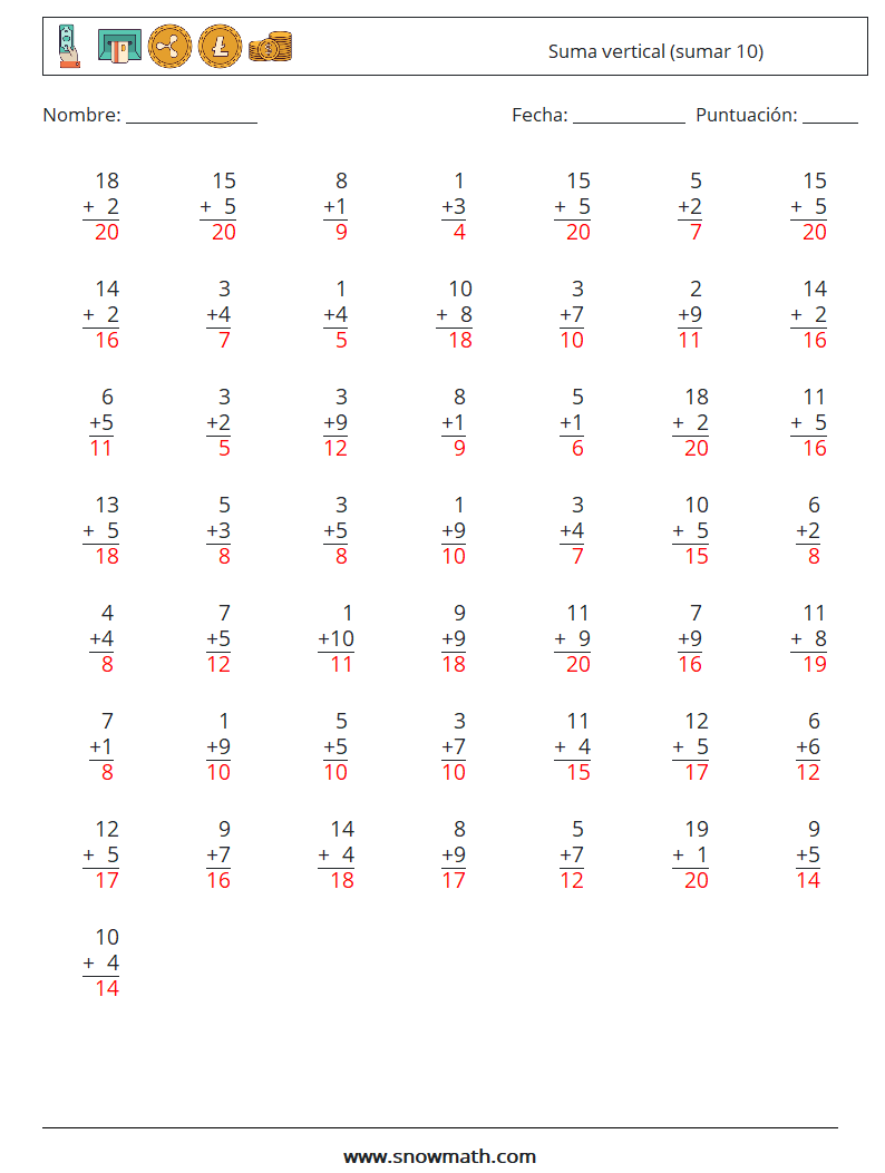 (50) Suma vertical (sumar 10) Hojas de trabajo de matemáticas 12 Pregunta, respuesta