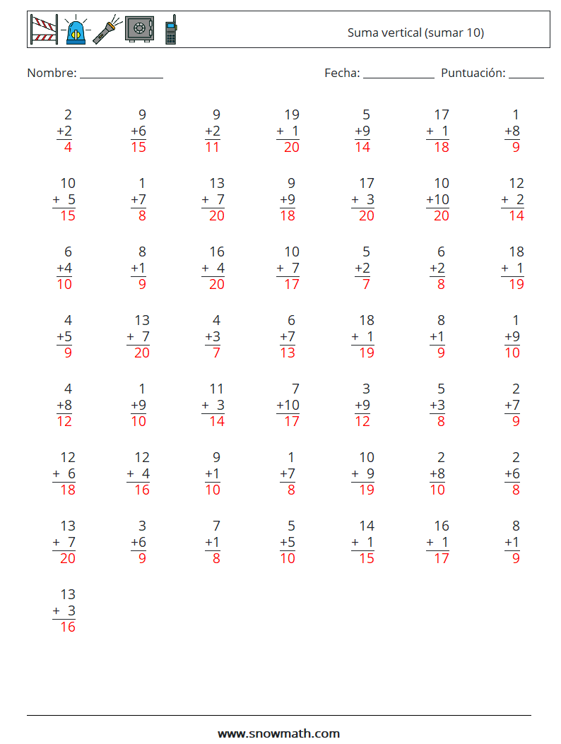 (50) Suma vertical (sumar 10) Hojas de trabajo de matemáticas 14 Pregunta, respuesta