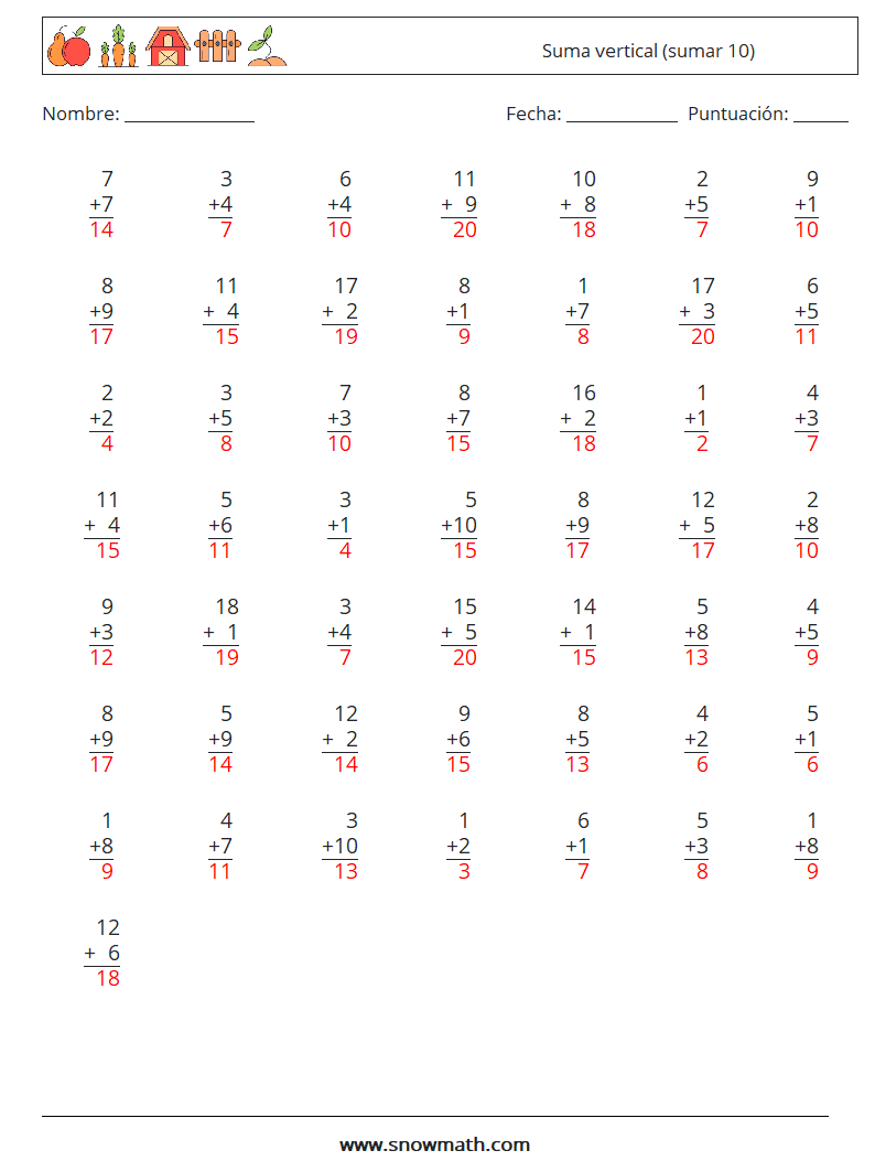 (50) Suma vertical (sumar 10) Hojas de trabajo de matemáticas 1 Pregunta, respuesta