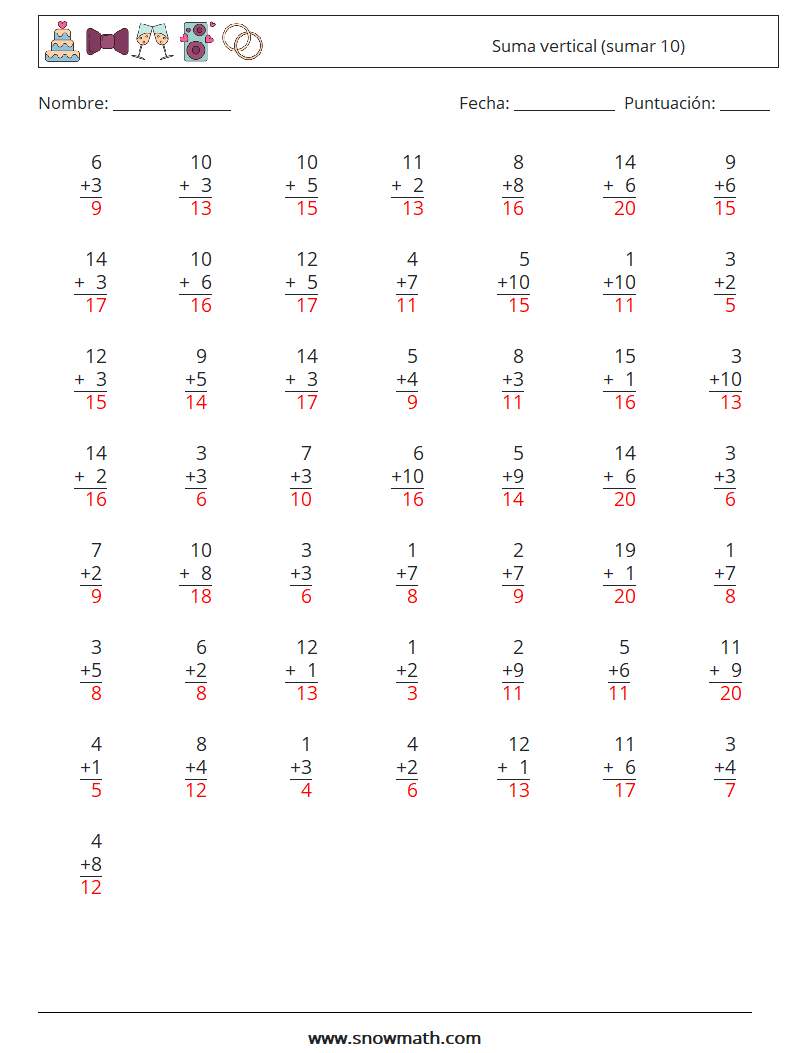 (50) Suma vertical (sumar 10) Hojas de trabajo de matemáticas 2 Pregunta, respuesta