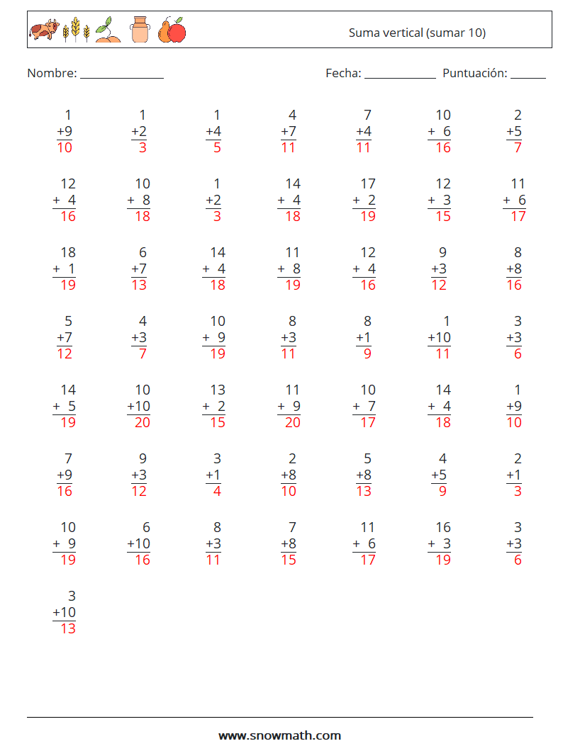 (50) Suma vertical (sumar 10) Hojas de trabajo de matemáticas 3 Pregunta, respuesta