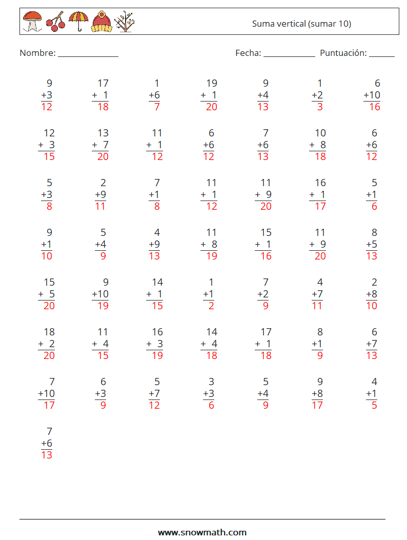 (50) Suma vertical (sumar 10) Hojas de trabajo de matemáticas 5 Pregunta, respuesta