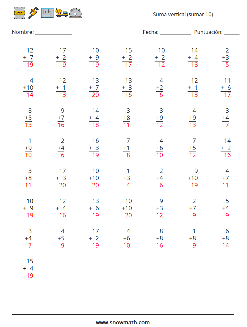 (50) Suma vertical (sumar 10) Hojas de trabajo de matemáticas 6 Pregunta, respuesta