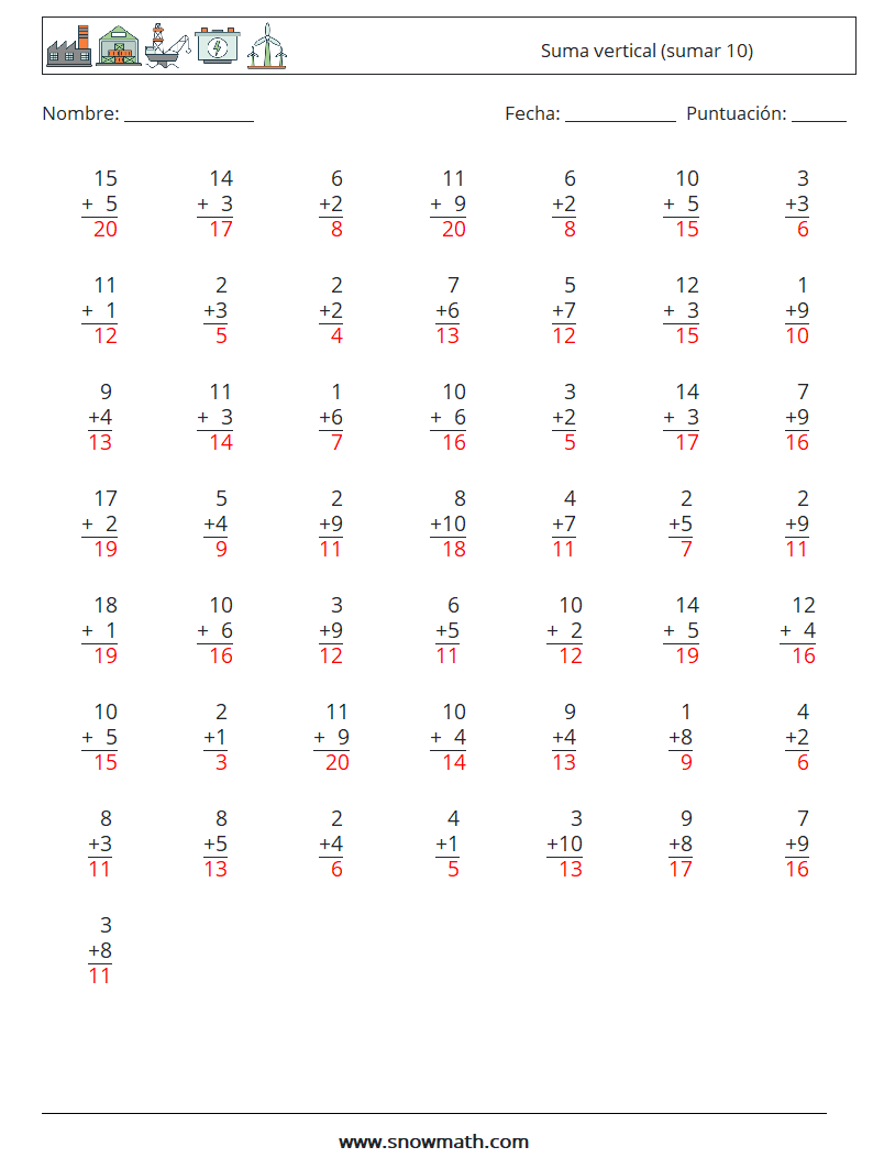 (50) Suma vertical (sumar 10) Hojas de trabajo de matemáticas 7 Pregunta, respuesta