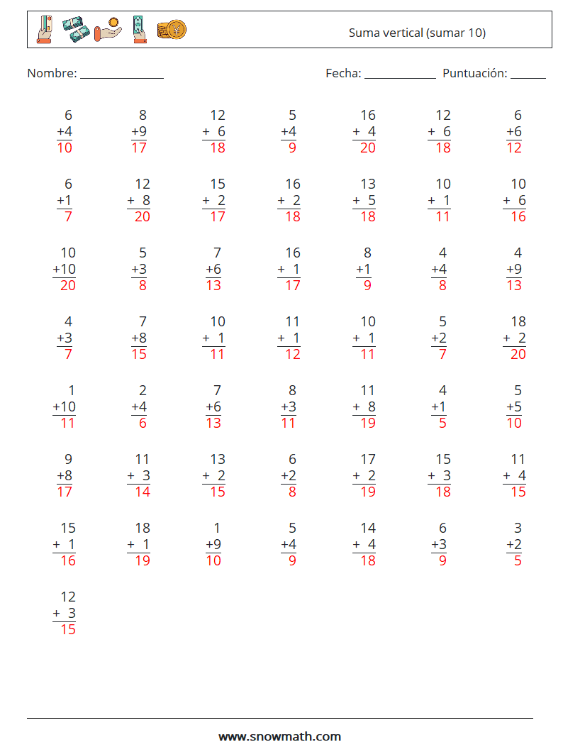 (50) Suma vertical (sumar 10) Hojas de trabajo de matemáticas 8 Pregunta, respuesta