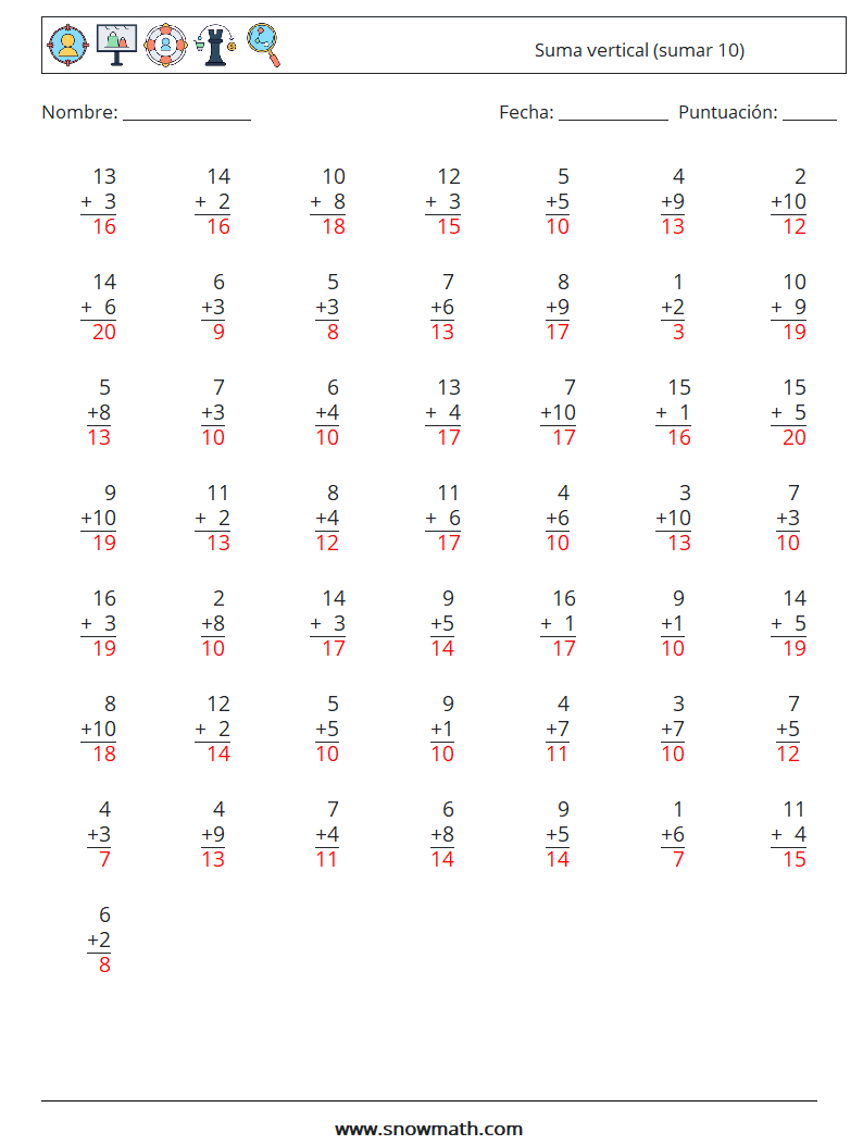 (50) Suma vertical (sumar 10) Hojas de trabajo de matemáticas 9 Pregunta, respuesta