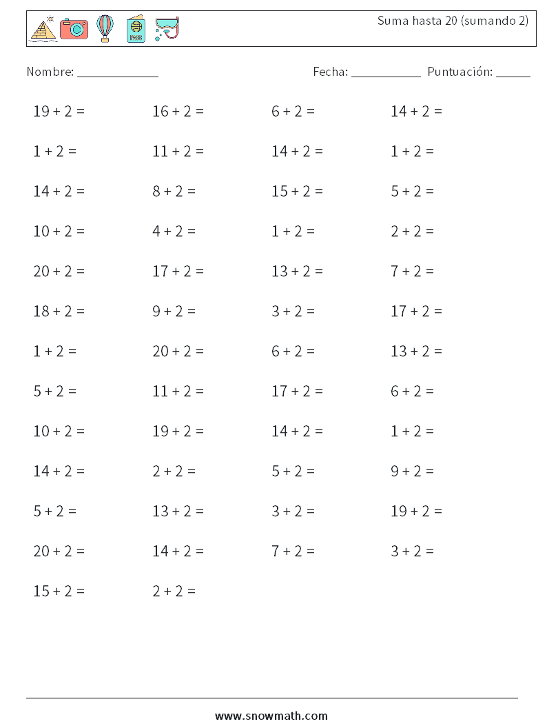 (50) Suma hasta 20 (sumando 2) Hojas de trabajo de matemáticas 2