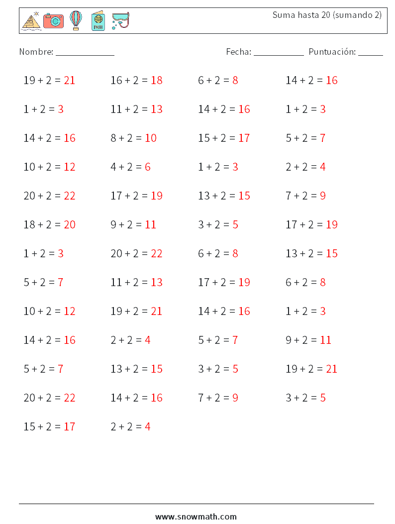 (50) Suma hasta 20 (sumando 2) Hojas de trabajo de matemáticas 2 Pregunta, respuesta
