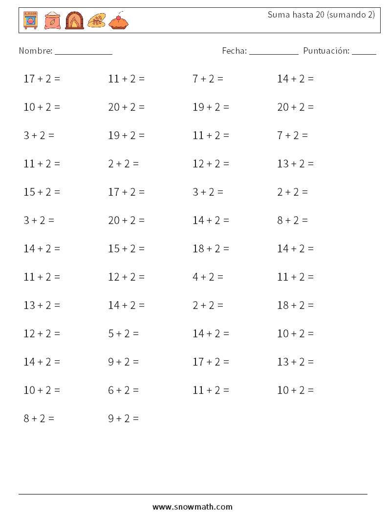 (50) Suma hasta 20 (sumando 2) Hojas de trabajo de matemáticas 3