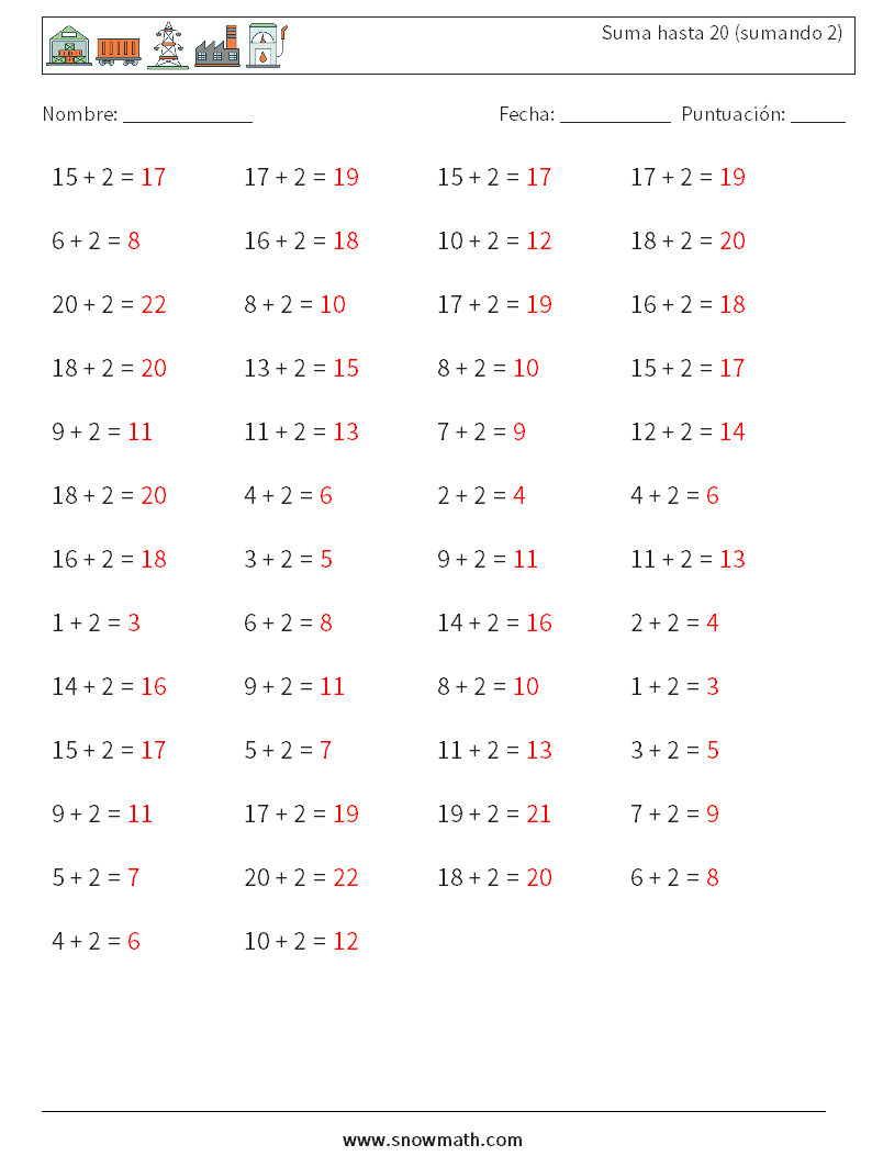 (50) Suma hasta 20 (sumando 2) Hojas de trabajo de matemáticas 4 Pregunta, respuesta