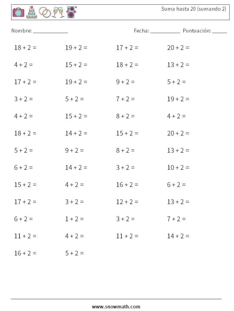 (50) Suma hasta 20 (sumando 2) Hojas de trabajo de matemáticas 5