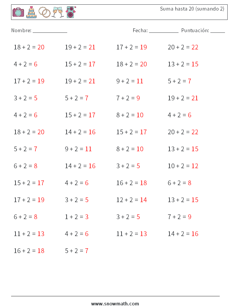 (50) Suma hasta 20 (sumando 2) Hojas de trabajo de matemáticas 5 Pregunta, respuesta