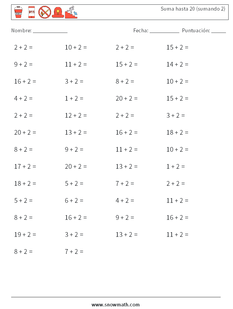 (50) Suma hasta 20 (sumando 2) Hojas de trabajo de matemáticas 6