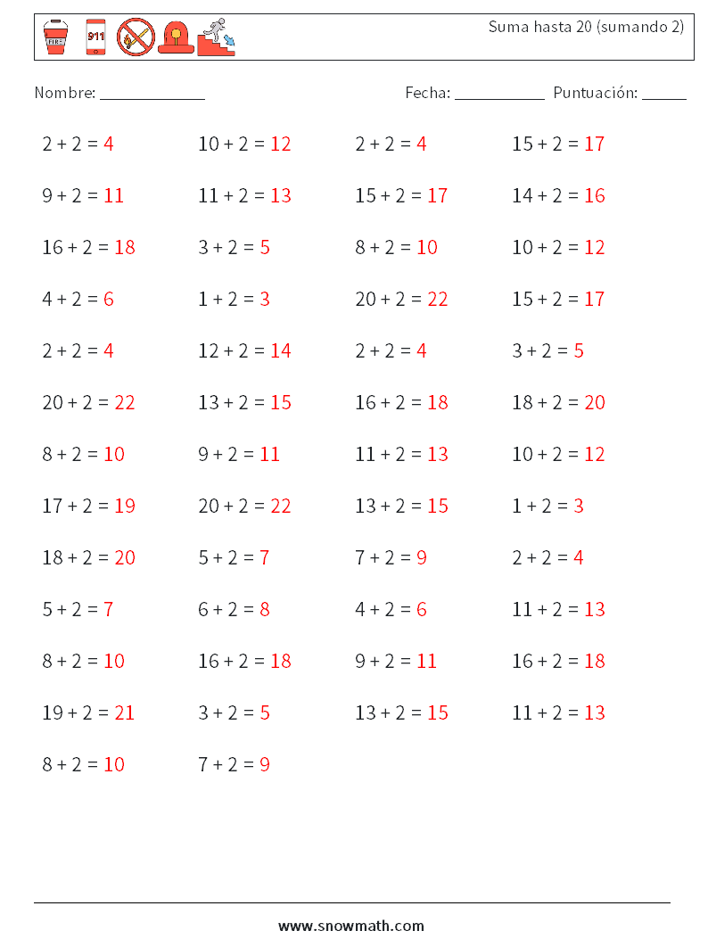 (50) Suma hasta 20 (sumando 2) Hojas de trabajo de matemáticas 6 Pregunta, respuesta