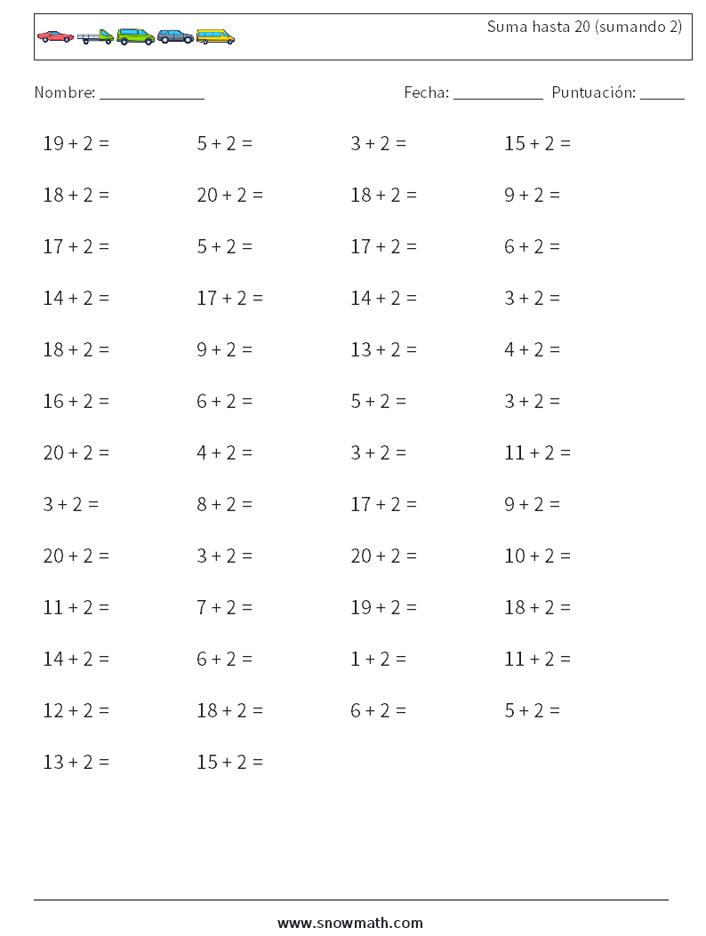 (50) Suma hasta 20 (sumando 2) Hojas de trabajo de matemáticas 7