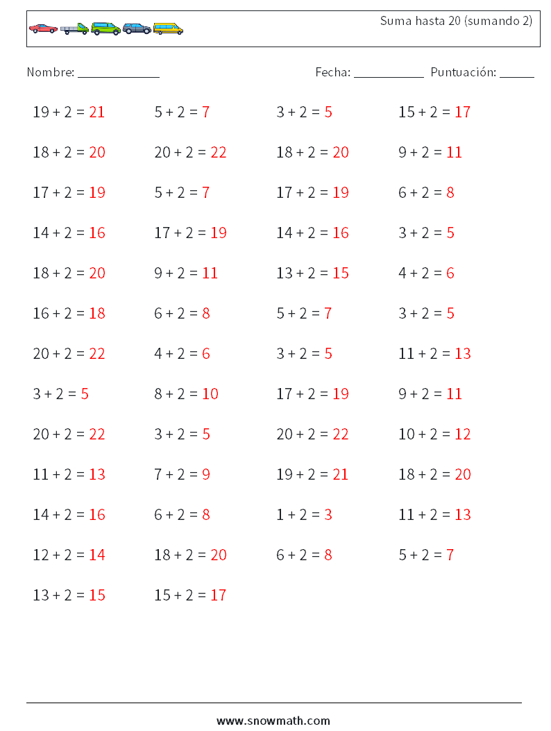 (50) Suma hasta 20 (sumando 2) Hojas de trabajo de matemáticas 7 Pregunta, respuesta