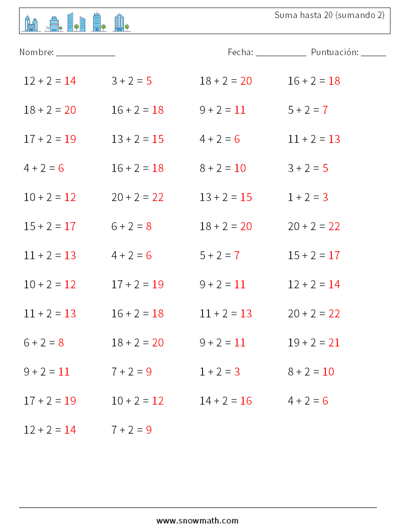 (50) Suma hasta 20 (sumando 2) Hojas de trabajo de matemáticas 8 Pregunta, respuesta