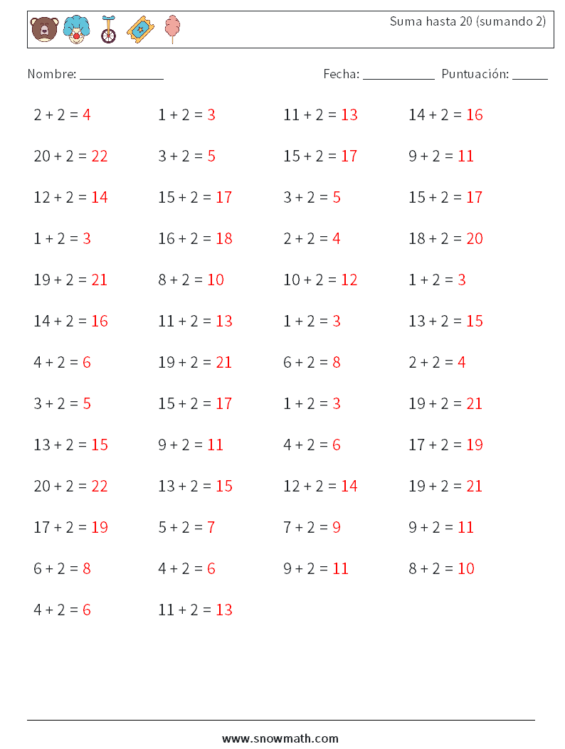(50) Suma hasta 20 (sumando 2) Hojas de trabajo de matemáticas 9 Pregunta, respuesta