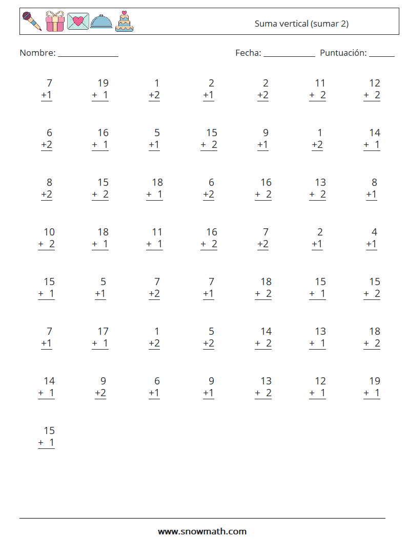 (50) Suma vertical (sumar 2) Hojas de trabajo de matemáticas 1