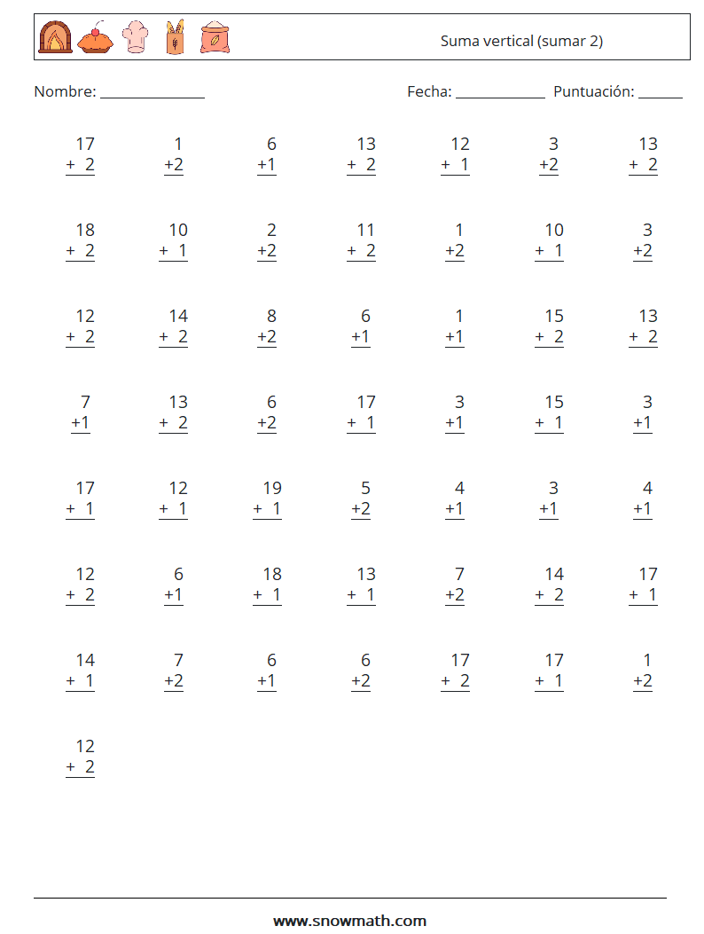 (50) Suma vertical (sumar 2) Hojas de trabajo de matemáticas 10