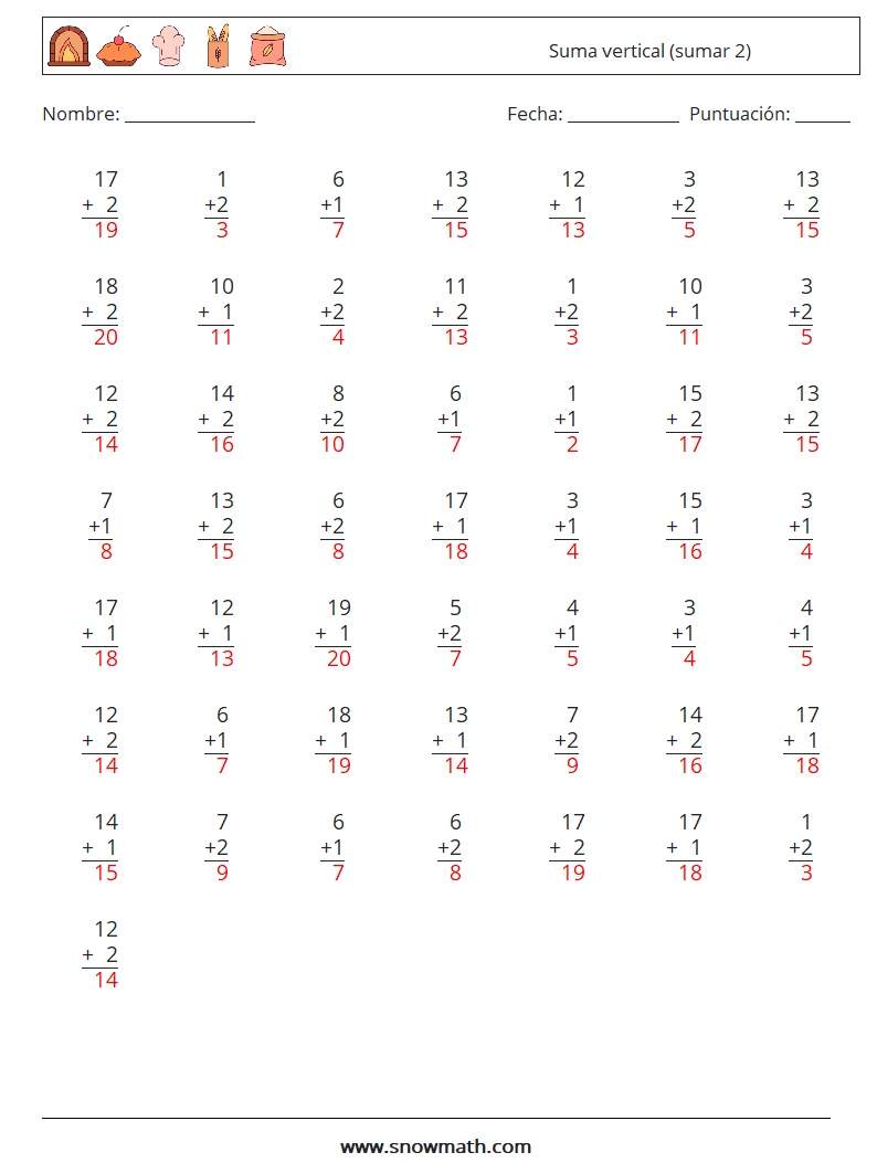 (50) Suma vertical (sumar 2) Hojas de trabajo de matemáticas 10 Pregunta, respuesta