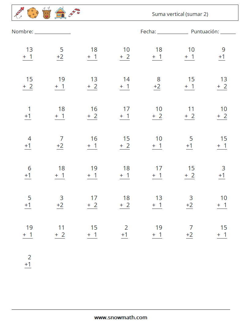 (50) Suma vertical (sumar 2) Hojas de trabajo de matemáticas 12