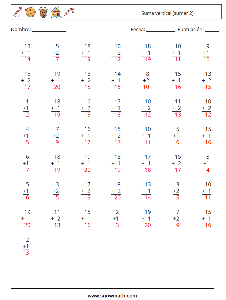 (50) Suma vertical (sumar 2) Hojas de trabajo de matemáticas 12 Pregunta, respuesta