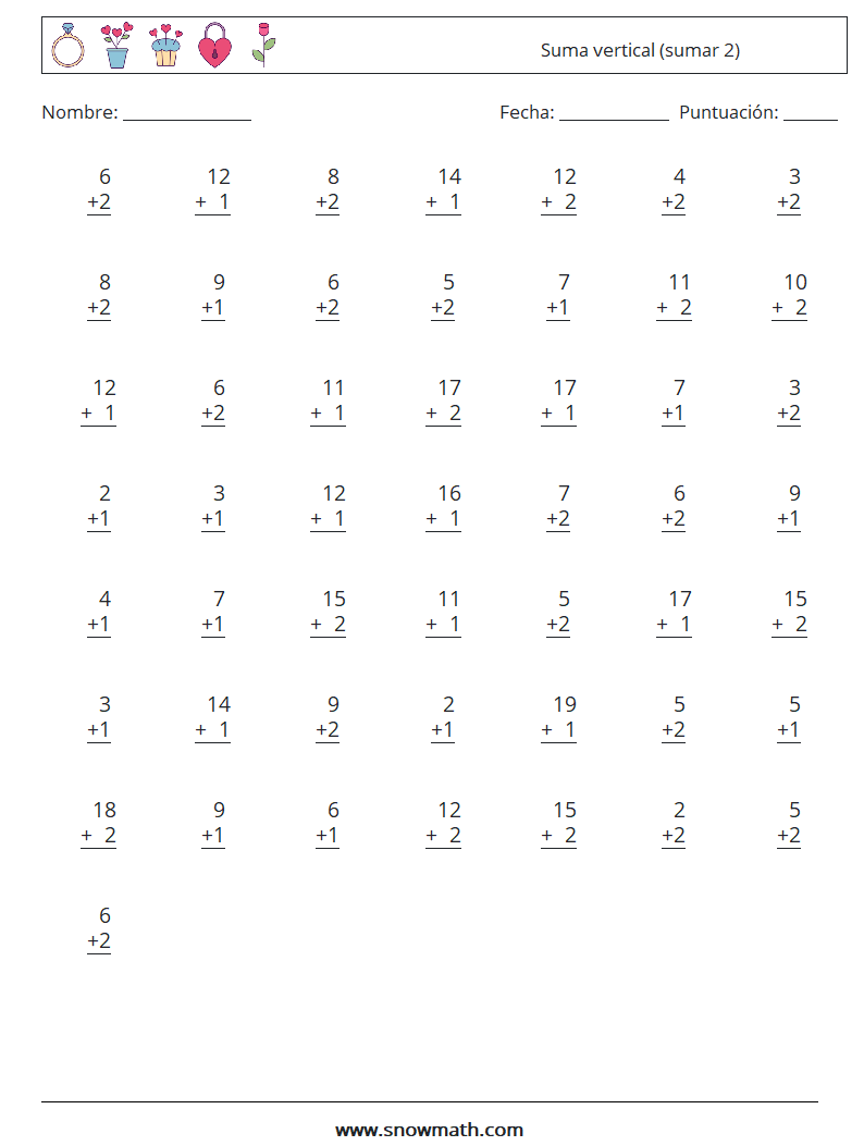 (50) Suma vertical (sumar 2) Hojas de trabajo de matemáticas 13