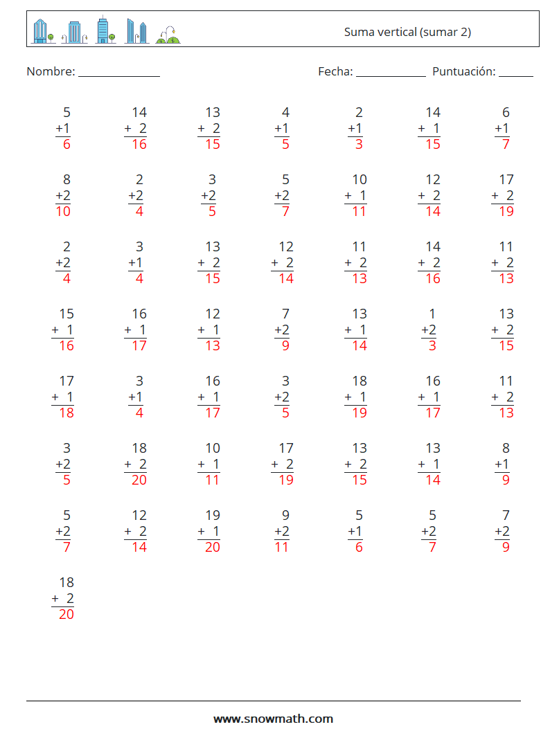 (50) Suma vertical (sumar 2) Hojas de trabajo de matemáticas 14 Pregunta, respuesta