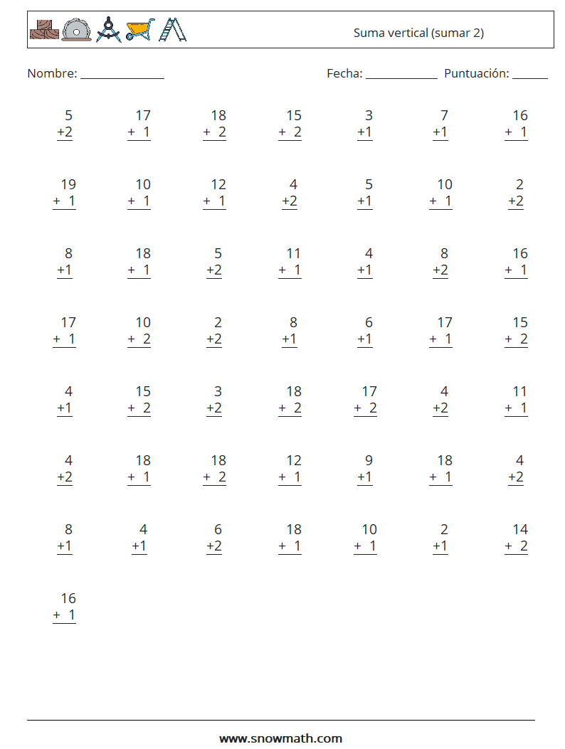 (50) Suma vertical (sumar 2) Hojas de trabajo de matemáticas 16
