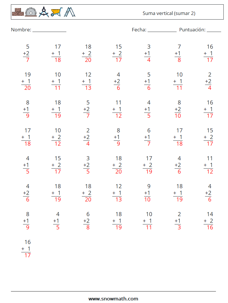 (50) Suma vertical (sumar 2) Hojas de trabajo de matemáticas 16 Pregunta, respuesta